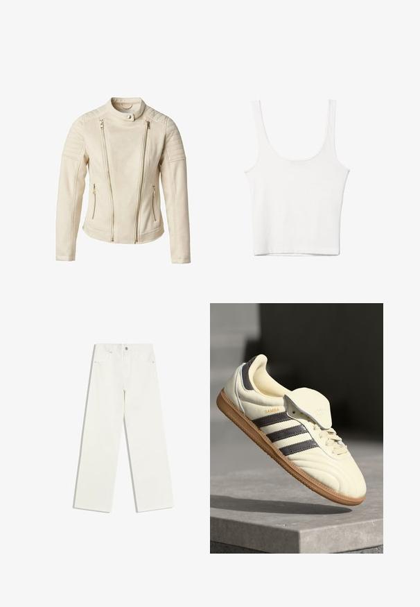 Beige jakke med en tætsiddende design, der har to frontlommer med lynlås og lodrette lynlåse. Teksturerede skulderpaneler tilføjer detaljer.; Hvid bomulds tanktop med en rundet halsudskæring, uden ærmer og en tætsiddende pasform. Glat tekstur, ensartet design og minimale syninger.; Hvide jeans med højt liv og lige ben, med forlommer og knaplukning på hvid baggrund.; Cremefarvede lædersneakers med tre mørke striber, en brun gummisål og en afrundet tå. Har en foldbar tunge mærket "SAMBA."