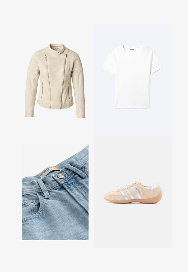 Chaqueta beige con un diseño ajustado, que cuenta con dos bolsillos frontales con cremallera y cremalleras verticales. Los paneles de hombros texturizados añaden detalle.; Camiseta blanca lisa de manga corta con cuello redondo y una pequeña etiqueta "WEEKDAY" dentro del cuello, mostrada extendida sobre un fondo claro.; Next Vaqueros bootcut - bleach; Zapatilla beige de ante con acentos plateados, tres franjas laterales, suela de goma y detalles texturizados en la puntera y el talón.