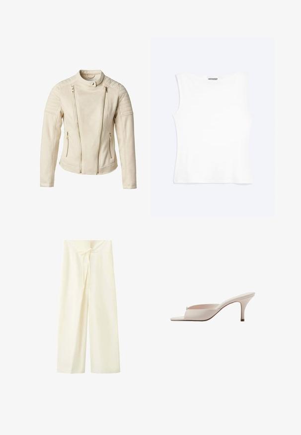 Chaqueta beige con un diseño ajustado, que cuenta con dos bolsillos frontales con cremallera y cremalleras verticales. Los paneles de hombros texturizados añaden detalle.; Camiseta sin mangas blanca ajustada con escote redondo y diseño minimalista, etiquetada como "WEEKDAY" en el interior del cuello.; Pantalones de pierna ancha de color crema con cintura alta y detalle de lazo delantero en la pretina.; Mule beige de tacón alto abierto en la punta con tacón estrecho y una correa mínima sobre los dedos en un fondo blanco.