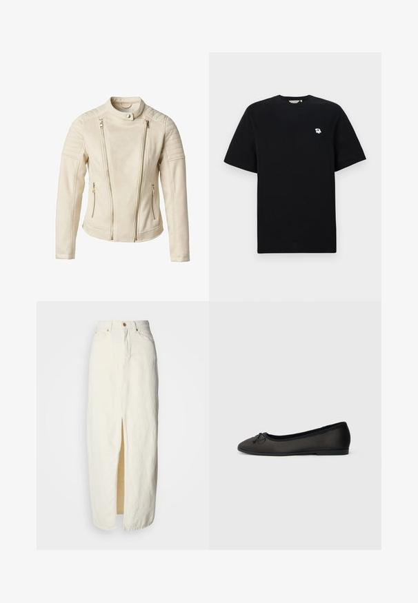 Beige jakke med en tætsiddende design, der har to frontlommer med lynlås og lodrette lynlåse. Teksturerede skulderpaneler tilføjer detaljer.; Sort bomulds T-shirt med korte ærmer, der har broderet en lille hvid blomst på venstre bryst. Standard pasform og rund halsudskæring.; Hvid denim nederdel med frontslid, der har høj talje, guldknaplukning og to forlommer. Enkel, lige design.; Sorte ballerinaer med en glat mat finish, rundet tå og en dekorativ sløjfe foran. Har en lav, flad hæl.