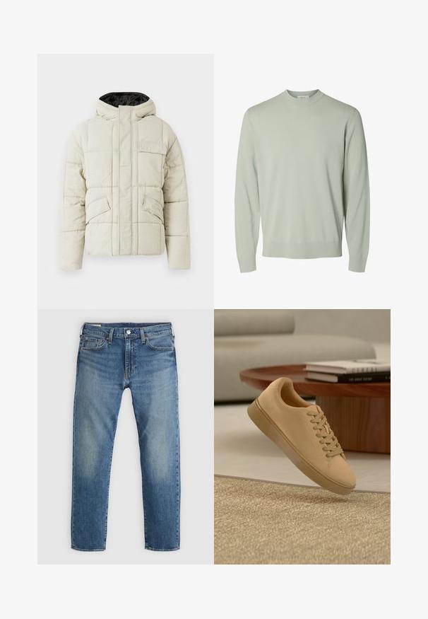 Helle beige gepolsterte Jacke mit Frontreißverschluss, drei blinden Taschen und einer schwarz gefütterten Kapuze, entworfen für kaltes Wetter.; Hellgrüner Pullover mit Rundhalsausschnitt, langen Ärmeln sowie gerippten Bündchen und Saum, dargestellt vor einfarbigem Hintergrund.; Blaue Denim-Jeans mit geradem Schnitt, die Verfärbungen an den Oberschenkeln aufweisen, fünf Taschen und einen silbernen Knopfverschluss an der Taille haben.; Beiger geschnürter Sneaker, der über einem strukturierten Teppich mit Holzcouchtisch und gestapelten Büchern im verschwommenen Hintergrund schwebt.