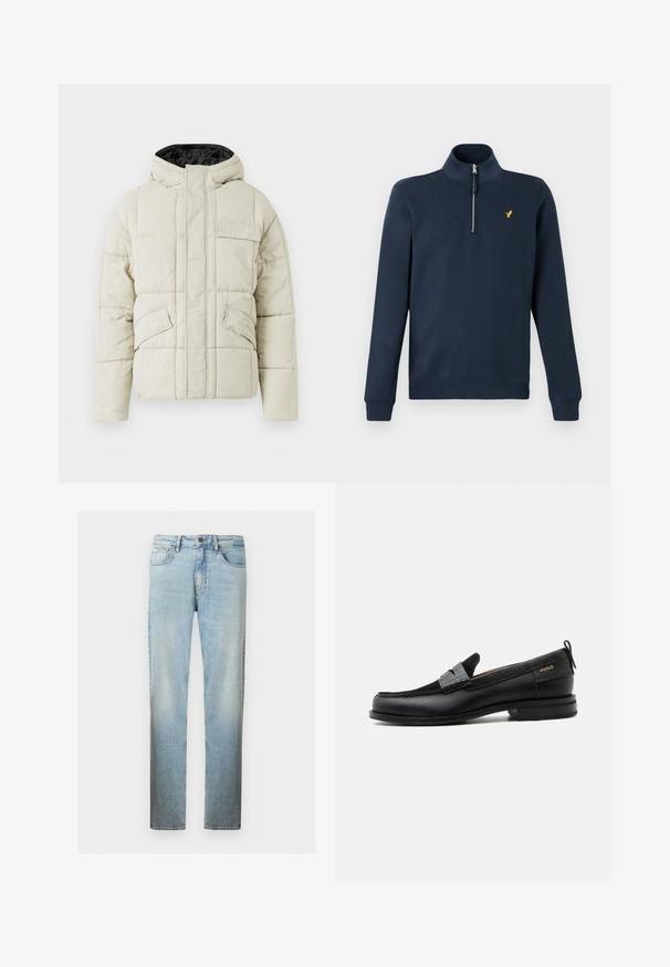 Helle beige gepolsterte Jacke mit Frontreißverschluss, drei blinden Taschen und einer schwarz gefütterten Kapuze, entworfen für kaltes Wetter.; Marineblauer Langarm-Pullover mit Viertelreißverschluss und kleinem gelben Vogellogo auf der linken Brust, mit gerippten Bündchen und Saum.; Hellblaue Jeans mit geradem Bein, klassischem Fünf-Taschen-Design und vorderem Knopfverschluss.; Schwarzer Lederloafer mit grauem Riemendetail, niedrigem Absatz und strukturierter Sohle, seitlich mit „HUGO“ in Gold gebrandmarkt.
