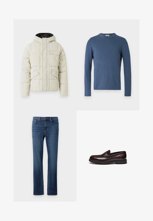 Chaqueta acolchada color beige claro con cremallera frontal, tres bolsillos con solapa y capucha forrada en negro, diseñada para clima frío.; Suéter azul de manga larga hecho de tela suave y texturizada. Presenta un escote redondo y un diseño ajustado con detalles mínimos de costura.; Jeans de mezclilla azul oscuro con corte recto, que cuentan con cinco bolsillos, cierre de botón y un sutil desgastado en la parte delantera.; Mocasines de cuero marrón con un acento de ante, punta redonda y suela de goma texturizada. Presentan detalles de costura y un ligero tacón.