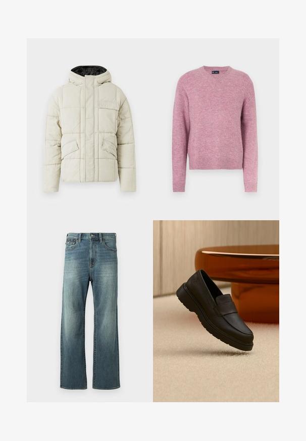 Helle beige gepolsterte Jacke mit Frontreißverschluss, drei blinden Taschen und einer schwarz gefütterten Kapuze, entworfen für kaltes Wetter.; Rosa Strickpullover mit Rundhalsausschnitt, langen Ärmeln und gerippten Bündchen. Weiche Textur und lockere Passform, geeignet für die Freizeit.; Hellblaue Denim-Jeans mit geradem Bein, leichtem Ausbleichen, fünf Taschen und Gürtelschlaufen. Verfügt über gestickte Akzente und einen Knopfverschluss.; Schwarzer Lederloafer mit dicker Sohle, auf hellem Teppich vor einem gebogenen braunen Glastisch und einer Holzvertäfelung platziert.
