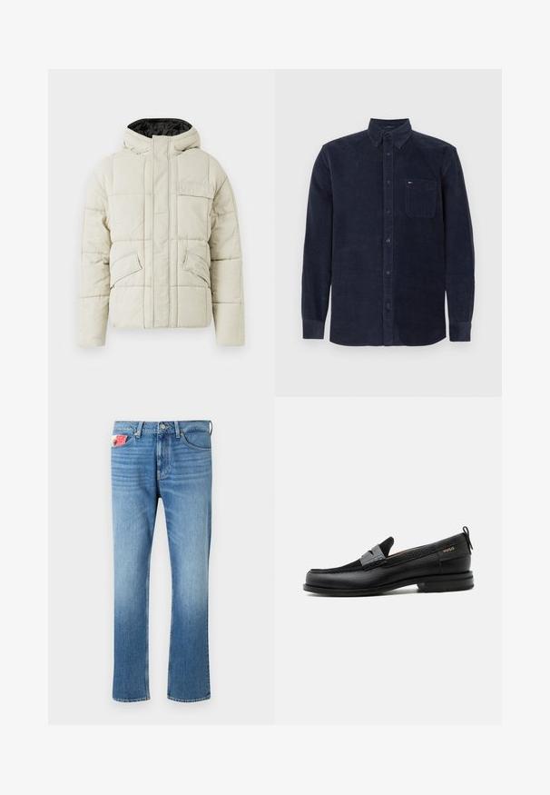 Helle beige gepolsterte Jacke mit Frontreißverschluss, drei blinden Taschen und einer schwarz gefütterten Kapuze, entworfen für kaltes Wetter.; Langärmliges, navyblaues Kordhemd mit Knopfleiste, Frontbrusttasche und Kragen, flach auf einem weißen Hintergrund ausgelegt.; Verblasste blaue Jeans im geraden Schnitt mit einem Knopfverschluss, fünf Taschen und einem Aufnäher auf der vorderen Tasche.; Schwarzer Lederloafer mit grauem Riemendetail, niedrigem Absatz und strukturierter Sohle, seitlich mit „HUGO“ in Gold gebrandmarkt.