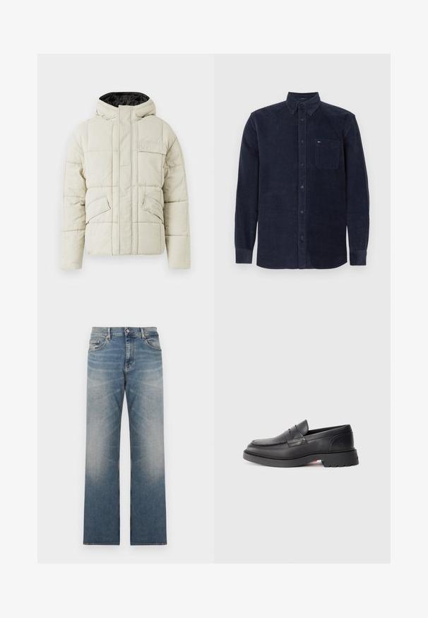 Helle beige gepolsterte Jacke mit Frontreißverschluss, drei blinden Taschen und einer schwarz gefütterten Kapuze, entworfen für kaltes Wetter.; Langärmliges, navyblaues Kordhemd mit Knopfleiste, Frontbrusttasche und Kragen, flach auf einem weißen Hintergrund ausgelegt.; Gerade geschnittene blaue Denim-Jeans mit ausgewaschenem Look, Knopf- und Reißverschluss sowie fünf Taschen.; Schwarze Leder-Lenker mit runder Spitze, erhobenem Naht und dicker Gummisohle. Schlichtes Design mit minimaler Markenpräsenz an der Seite.
