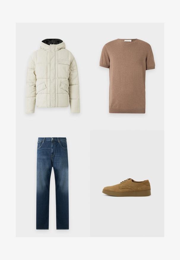 Helle beige gepolsterte Jacke mit Frontreißverschluss, drei blinden Taschen und einer schwarz gefütterten Kapuze, entworfen für kaltes Wetter.; Brauner Strickpullover mit kurzen Ärmeln, gerippten Bündchen und Rundhalsausschnitt, auf weißem Hintergrund präsentiert.; Dunkelblaue Denim-Jeans mit geradem Bein-Design. Zu den Merkmalen gehören Fronttaschen, ein Reißverschluss und ein subtiler Verblassen in Richtung Saum.; Brauner Wildleder-Schnürschuh für den Alltag mit flacher Gummisohle, von der Seite auf hellem, einfachem Hintergrund gesehen.