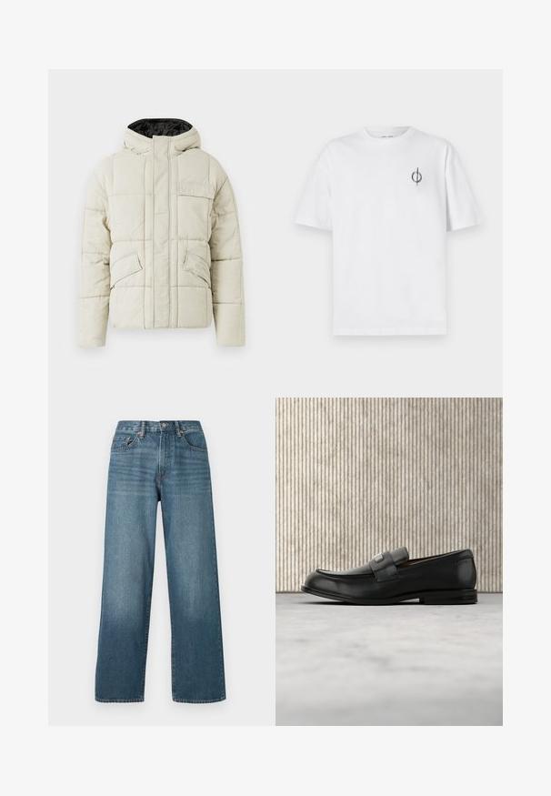 Helle beige gepolsterte Jacke mit Frontreißverschluss, drei blinden Taschen und einer schwarz gefütterten Kapuze, entworfen für kaltes Wetter.; Weißes Baumwoll-T-Shirt mit lockerer Passform, das ein kleines schwarzes Grafiklogo auf der linken Brustseite aufweist. Kurze Ärmel, Rundhalsausschnitt.; Weite, dunkelblaue Denim-Jeans mit Knopfverschluss, Gürtelschlaufen und einem ausgewaschenen Textur. Mit fünf Taschen und Kontrastnähten.; Schwarzer Lederloafer mit einer Metallmarkenplatte, der nahe einem braunen runden Tisch auf beigem Teppichboden ruht.