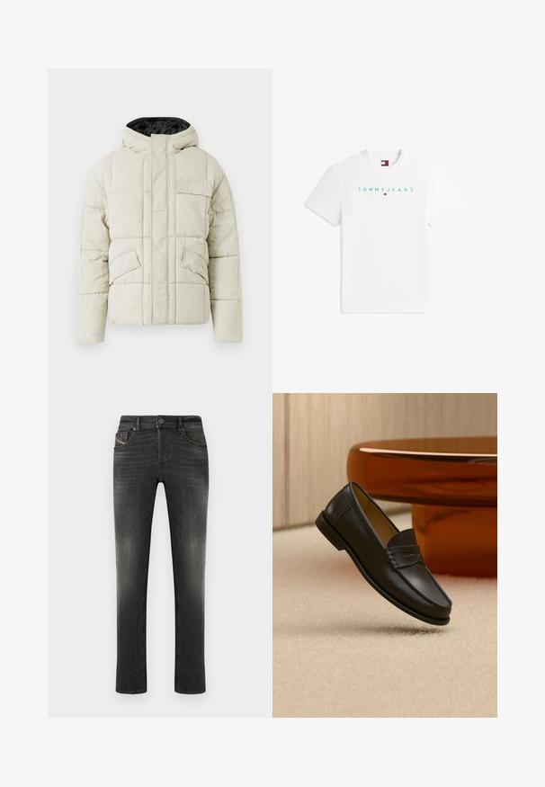 Helle beige gepolsterte Jacke mit Frontreißverschluss, drei blinden Taschen und einer schwarz gefütterten Kapuze, entworfen für kaltes Wetter.; Weißes T-Shirt mit kurzen Ärmeln und türkisem "TOMMY JEANS" Text sowie einem kleinen rot-weiß-blauen Tommy Hilfiger Logo unter dem Text.; Dunkelgraue Jeans mit normaler Passform, Fünf-Taschen-Design, leichter Verwaschung und feiner strukturierter Oberfläche. Metallknopfverschluss an der Taille.; Schwarzer Leder-Loafer, der über einem hellbeigen Teppich schwebt, mit bernsteinfarbenen modernen Möbeln im Hintergrund.
