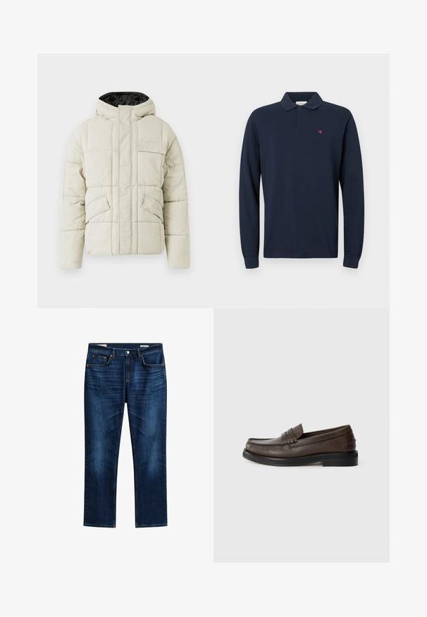 Helle beige gepolsterte Jacke mit Frontreißverschluss, drei blinden Taschen und einer schwarz gefütterten Kapuze, entworfen für kaltes Wetter.; Dunkelblaues Longsleeve-Polohemd mit Kragen, zwei Knöpfen und einem kleinen roten CK-Logo auf der linken Brust. Baumwollstoff.; Dunkelblaue Denim-Jeans mit Knopfverschluss, fünf Taschen, leichtem Ausbleichen an den Oberschenkeln und geradem Schnitt.; Brauner Lederloafer mit einer genähten Detailverzierung auf der Schuhspitze, flacher Sohle und niedrigem, gestapeltem Absatz. Glatte Textur mit minimalistischem Design.