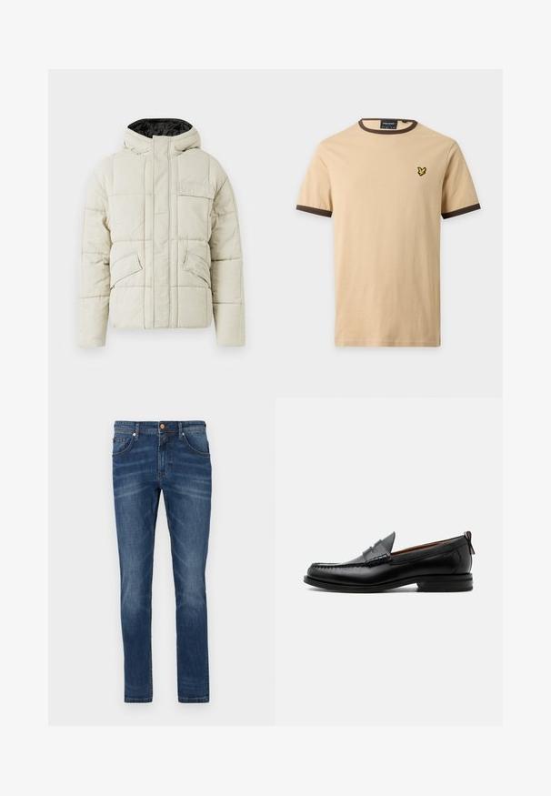 Helle beige gepolsterte Jacke mit Frontreißverschluss, drei blinden Taschen und einer schwarz gefütterten Kapuze, entworfen für kaltes Wetter.; Beiges T-Shirt mit kurzen Ärmeln, dunkelbraunem Kragen und Ärmelabschlüssen, mit einem kleinen gelben Vogel-Logo auf der linken Brust.; Dunkelblaue Jeans aus Denim mit geradem Bein, fünf Taschen, dezente Verwaschungen, kontrastierende Nähte und einem Knopfverschluss an der Taille.; Schwarzer Leder-Herrenschuh mit Mokassinnaht, Penny-Riemen, strukturiertem Kragen und niedrigem gestapeltem Absatz auf weißem Hintergrund.