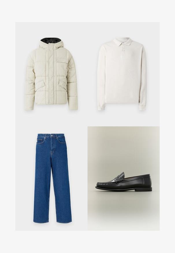 Helle beige gepolsterte Jacke mit Frontreißverschluss, drei blinden Taschen und einer schwarz gefütterten Kapuze, entworfen für kaltes Wetter.; Langärmliges Poloshirt in Off-White, aus weichem Stoff gefertigt. Verfügt über einen klassischen Kragen, drei Knöpfe und gerippte Bündchen. Glatte Textur.; Weite blaue Jeans aus Denim mit hoher Taille, Fünf-Taschen-Design und Kontrastnähten entlang der Nähte und Taschen.; Schwarzer Herren-Loafer aus Leder mit Mokassin-Zehennaht, Penny-Riemen und flachem Absatz vor neutralem Hintergrund.
