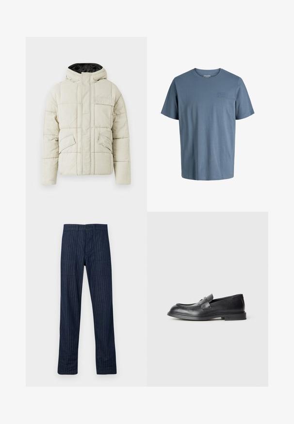 Helle beige gepolsterte Jacke mit Frontreißverschluss, drei blinden Taschen und einer schwarz gefütterten Kapuze, entworfen für kaltes Wetter.; Jack & Jones JJECORP LOGO TEE SS O-NECK NOOS - T-Shirt basic - blue mirage; Marineblaue, gerade geschnittene Hosen mit dezenten vertikalen Streifen, vorne mit Knopf- und Reißverschluss sowie zwei großen aufgesetzten Fronttaschen.; Schwarze Lederloafer mit strukturierter Oberfläche, versehen mit einem dekorativen Frontriemen und einer abgerundeten Spitze. Gummisohle für Langlebigkeit.