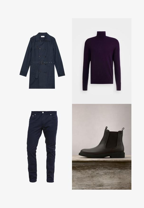 Marine trenchcoat i let stof, med dobbeltradet knaplukning, bæltestrop i livet og to sidelommer med klapdetalje.; Lilla turtleneck trøje med lange ærmer, lavet af blødt strikkemateriale; har en tætsiddende design og ribbede manchetter og kant.; Marineblå slim-fit bukser lavet af bomuldsblandingsstof, med knaplukning, fem lommer og diskrete syninger.; Sort læder Chelsea-støvle med elastiske sidepaneler og stropper svævende over en træbænk udendørs med græs som baggrund.