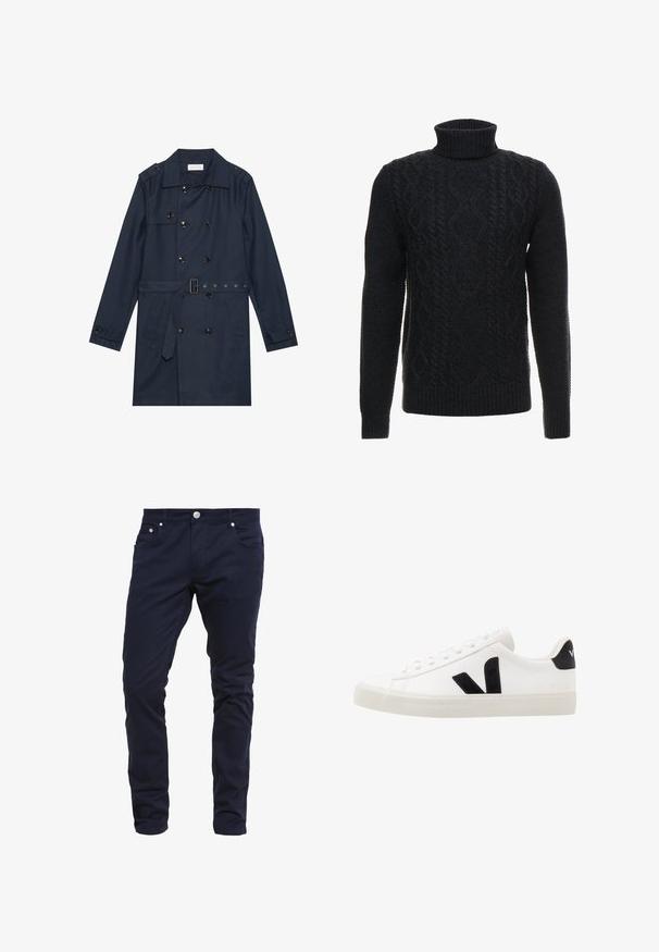 Marine trenchcoat i let stof, med dobbeltradet knaplukning, bæltestrop i livet og to sidelommer med klapdetalje.; Sort, kabelstrikket sweater med høj turtleneck. Tekstureret mønster over hele, ensfarvet, ribbet kant og manchetter, lange ærmer.; Marineblå slim-fit bukser lavet af bomuldsblandingsstof, med knaplukning, fem lommer og diskrete syninger.; Hvide lædersneakers med sorte ruskindsdetaljer; har en gummisål, rund tå og klassisk snørebåndsdesign. Side logo i sort.