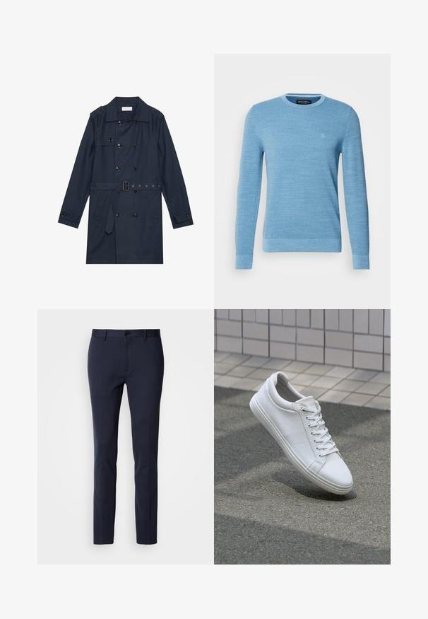 Marine trenchcoat i let stof, med dobbeltradet knaplukning, bæltestrop i livet og to sidelommer med klapdetalje.; Lysblå strikket sweater med rund halsudskæring, lange ærmer og ribbede manchetter. Har et diskret logo på brystet. Blød tekstur.; Marinebukser lavet af et glat, strækbart stof. Har en lynlås i front, en enkelt knappelukning og smalle, tætsiddende ben.; Hvide sneakers med en tekstureret læderoverdel, flade snørebånd og en glat gummisål. Let afrundet tå og minimalistisk design.