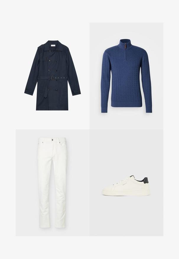 Marine trenchcoat i let stof, med dobbeltradet knaplukning, bæltestrop i livet og to sidelommer med klapdetalje.; Marineblå strikket sweater med kvart lynlås, der har et tekstureret kabelmønster samt ribbede kanter og manchetter. Blødt, elastisk materiale.; Hvide bukser med small fit, frontknap og lynlås, fem lommer og bæltestropper, vist på en ensartet lys baggrund.; Hvid lavtop-sneaker med sort hælflig, hvide snørebånd og "GANT" logo på siden, vist mod en ensfarvet lys baggrund.