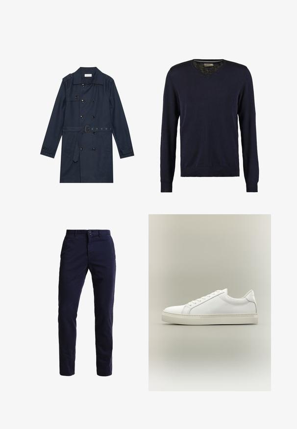 Marineblauwe trenchcoat van lichtgewicht stof, met dubbele knoopsluiting, ceintuur in de taille en twee zijzakken met flapdetail.; Donkerblauwe v-hals trui met lange mouwen, gemaakt van zacht breimateriaal, met ribgebreide boorden en zoom, een soepele textuur en zonder zichtbare patronen.; Marineblauwe chino's gemaakt van een katoenen mengsel, met een rechte pijp, voorzakken, een ritssluiting en een enkele knoop in de taille.; Witte lage sneaker met veters aan de voorkant en dikke zool, zijaanzicht tegen een neutrale achtergrond.