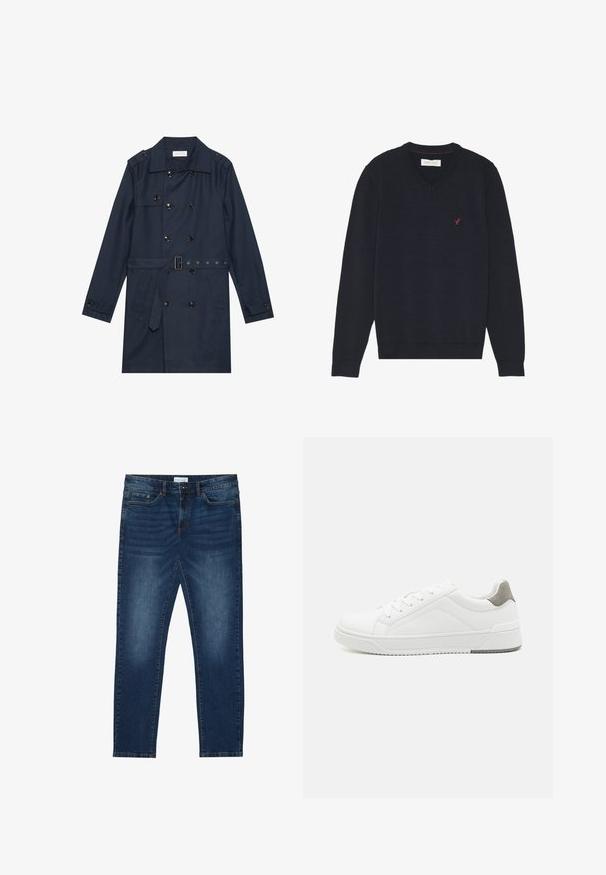 Marine trenchcoat i let stof, med dobbeltradet knaplukning, bæltestrop i livet og to sidelommer med klapdetalje.; Marineblå V-hals sweater med lange ærmer, ribbede manchetter og kant samt et lille rødt fuglelogo på venstre bryst.; Mørkeblå slim-fit jeans med falmede detaljer, klassisk fem-lomme design, knappelukning og bæltestropper.; Hvid sneaker lavet af glat læder, rund tå, minimalistisk design, grå hælafsats og tekstureret gummisål.
