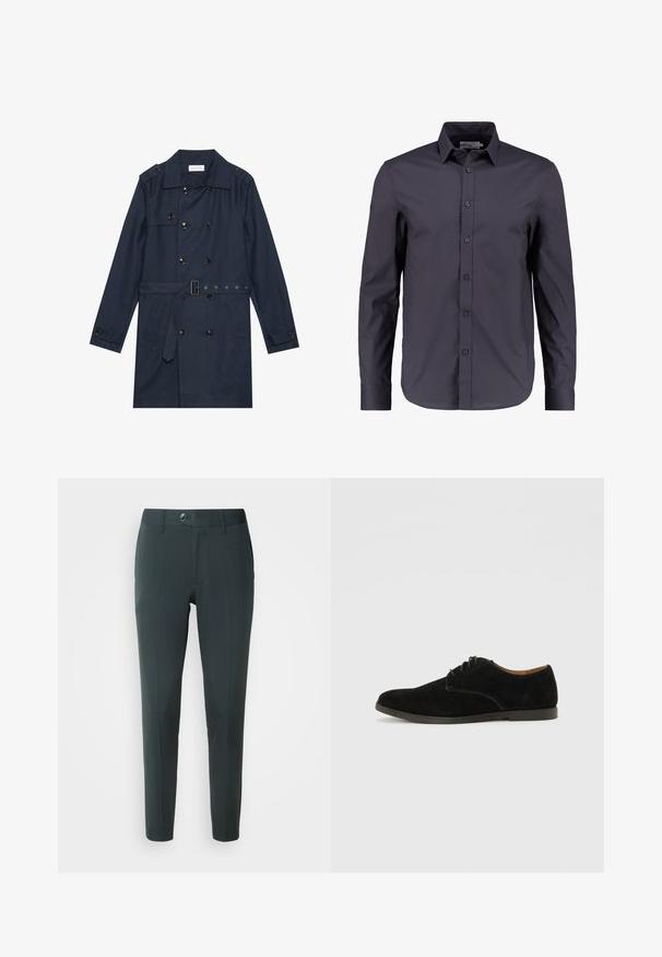 Manteau trench navy en tissu léger, présentant une fermeture à glissière double bouton, une taille ceinturée et deux poches latérales avec détail rabattu.; Chemise à manches longues bleu marine foncé en coton doux, dotée d'un devant boutonné, d'un col classique et d'une coupe ajustée.; Pantalon vert foncé à coupe ajustée, avec un devant plat, des passants de ceinture et une fermeture à un bouton. Texture lisse, sans motifs.; Chaussure en suede noire à lacets avec un bout arrondi, surface lisse et design minimaliste. Dotée d'une semelle plate en caoutchouc.