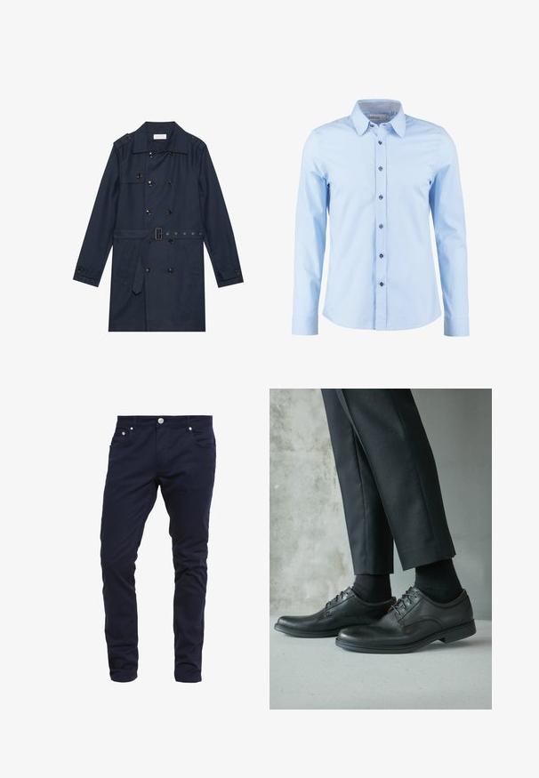 Marineblauwe trenchcoat van lichtgewicht stof, met dubbele knoopsluiting, ceintuur in de taille en twee zijzakken met flapdetail.; Lichtblauw overhemd met lange mouwen, donkere knopen en een geruite binnenkraag, vooraan dichtgeknoopt.; Navy blauwe slim-fit broek van een katoenmix, met een knoopsluiting, vijf zakken en subtiele stiksel details.; Zwarte leren nette schoenen gedragen met zwarte sokken en zwarte op maat gemaakte broek tegen een grijze betonnen en gladde muur achtergrond.