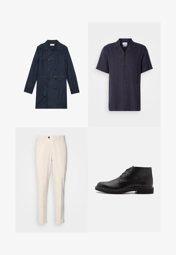 Marine trenchcoat i let stof, med dobbeltradet knaplukning, bæltestrop i livet og to sidelommer med klapdetalje.; Marineblå kortærmet skjorte med hvide lodrette striber, klassisk krave og frontknapper; har en afslappet pasform og letvægtsstof.; Beige skræddersyede bukser med flad front, enkelt knaplukning og to skrå sidelommer. Glat stof med en slim fit og tætsiddende ben.; Sort læderankelstøvle med tre snørehuller, rundet tå og flad sål på en ensfarvet lys baggrund.