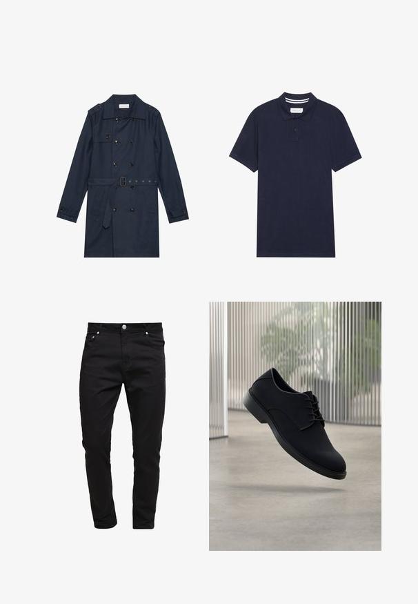 Marine trenchcoat i let stof, med dobbeltradet knaplukning, bæltestrop i livet og to sidelommer med klapdetalje.; Marineblå polo t-shirt lavet af tekstureret stof, med en tre-knaps knaplukning, korte ærmer og en stribet krave.; Sorte jeans lavet af denimstof, slim fit design, fem-lomme stil, metal knaplukning, med syninger og en glat tekstur.; Sort formel sko lavet af glat materiale, med rundet tå, snørebånd og robust sort sål, vist i luften.