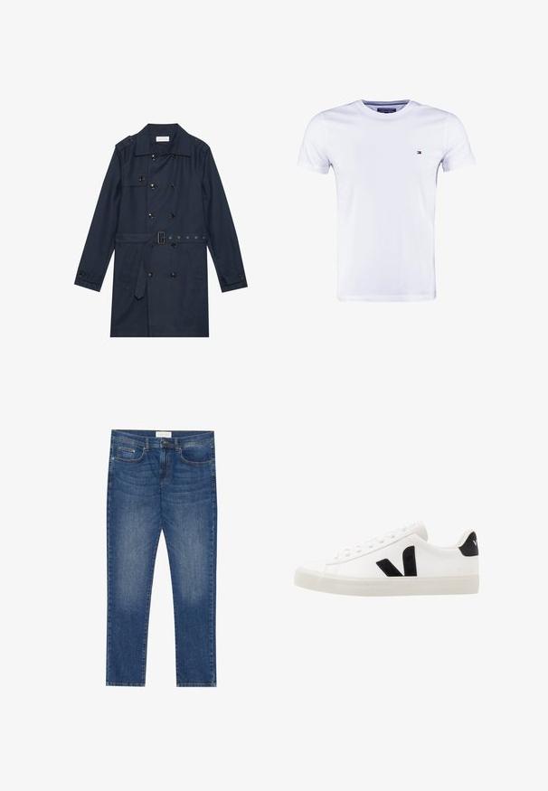 Marineblauwe trenchcoat van lichtgewicht stof, met dubbele knoopsluiting, ceintuur in de taille en twee zijzakken met flapdetail.; Tommy Hilfiger NEW STRETCH TEE C-NECK - T-shirt basic - classic white; Heren blauwe spijkerbroek met een rechte snit, vijf zakken, lichte vervagingsdetails en een standaard knoop- en ritsluiting.; Witte leren sneaker met zwarte suède accenten; voorzien van een rubberen zool, ronde neus en een klassieke vetersluiting. Zijkant met logo in het zwart.