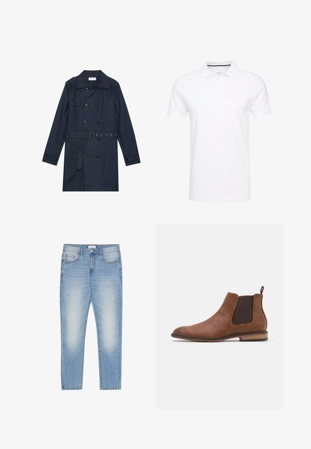 Marine trenchcoat i let stof, med dobbeltradet knaplukning, bæltestrop i livet og to sidelommer med klapdetalje.; Hvid polo t-shirt lavet af bomuld, med en traditionel krave, korte ærmer og en tre-knap lukning med diskrete marineblå accenter på indersiden.; Lyseblå denim jeans med regular fit, fem lomme-design, let slidser foran og lige benfinish.; Brune læder Chelsea-støvle med elastiske sidepaneler, rund tå og greb-tab. Har en tekstureret finish og en lav træhæl.