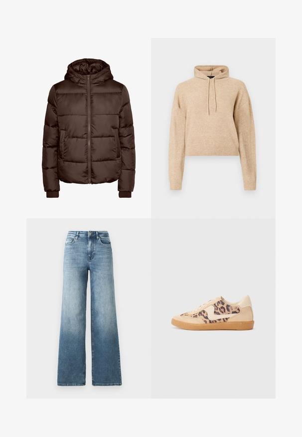 Braune gepolsterte Jacke mit Kapuze, ausgestattet mit einem Reißverschluss vorne, zwei Seitentaschen und gerippten Bündchen. Glatte, glänzende Textur mit gesteppter Optik.; Beige verkürzter Strick-Hoodie mit langen Ärmeln und Kordelzugkapuze, auf einem weißen Hintergrund präsentiert.; weit geschnittene Denim-Jeans in hellblauem Waschung, mit hoher Taille, fünf Taschen Design und subtilen Verfärbungen auf dem Stoff. Klassischer Metallknopfverschluss.; Löwenmuster-Sneaker mit beige Wildleder-Obermaterial, tanfarbener Gummisohle und weißen Akzenten. Runde Zehenform und Schnürdesign mit strukturiertem Finish.