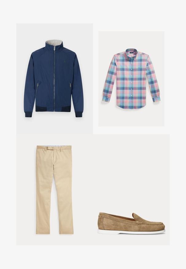 Veste légère bleu marine avec fermeture éclair, poignets côtelés, poches latérales et logo vert sur la poitrine. Intérieur doublé d'un tissu doux.; Chemise en coton à boutons, présentant un motif à carreaux multicolores avec des teintes de rose, bleu et vert. Comprend un col classique et des manches longues.; Pantalon beige à jambes droites avec passants de ceinture et braguette zippée à l'avant, posé à plat sur un fond blanc.; Mocassin en daim marron clair style mocassin avec semelle blanche et coutures visibles le long du bout et des côtés, présenté en profil latéral.