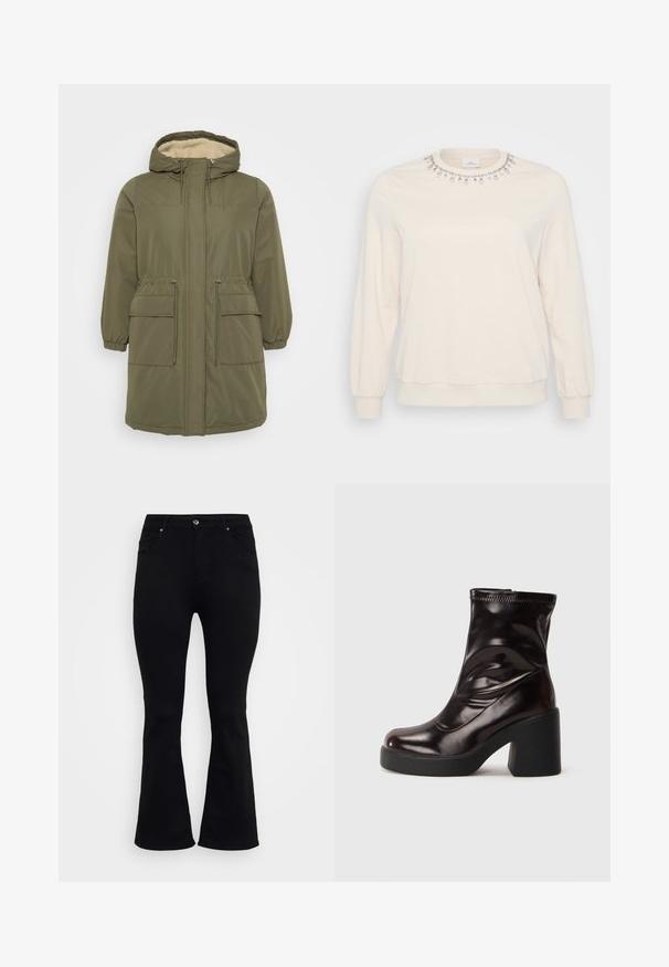 Parka vert olive avec une capuche doublée en fausse fourrure, fermeture éclair à l'avant, poignets élastiques, taille cordon et deux poches plaquées à l'avant.; Sweatshirt beige clair à manches longues, encolure ras du cou et décoré de cristaux le long du col. Tissu doux.; ONLY Carmakoma Flared fit CARWILLY High waist - Jean flare - black denim; Bottine noire brillante à talon bloc épais et bout rond, en cuir lisse avec des détails de couture subtils.
