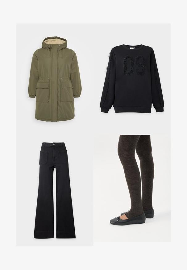 Parka vert olive avec une capuche doublée en fausse fourrure, fermeture éclair à l'avant, poignets élastiques, taille cordon et deux poches plaquées à l'avant.; Sweat-shirt noir à manches longues avec le numéro 09 texturé sur le devant et des détails en dentelle courant le long des deux manches.; Pantalon noir taille haute à jambes larges avec poches plaquées avant et fermeture par boutons, posé à plat sur un fond clair uni.; Jambes portant des leggings côtelés foncés associés à des ballerines noires avec de petits détails en nœud sur fond blanc.