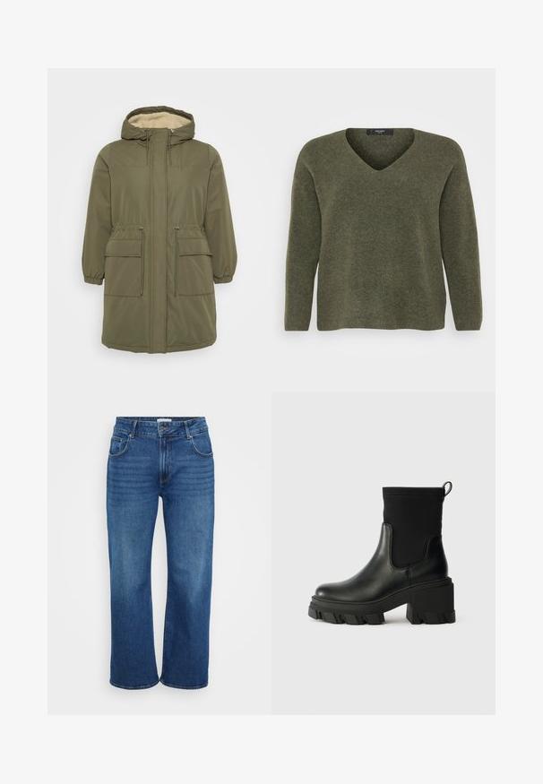 Parka vert olive avec une capuche doublée en fausse fourrure, fermeture éclair à l'avant, poignets élastiques, taille cordon et deux poches plaquées à l'avant.; Pull à col en V de couleur olive, fabriqué en matière tricotée douce, doté de manches longues et d'une coupe décontractée, avec une texture subtile et un ourlet côtelé.; Jean large en denim bleu foncé. Dispose de cinq poches, de passants de ceinture et d'un léger délavage le long des jambes. Texture lisse avec une coupe standard.; Bottes noires à la cheville en cuir et tissu élastique, avec un talon épais, une semelle en caoutchouc épaisse et une languette à l'arrière.