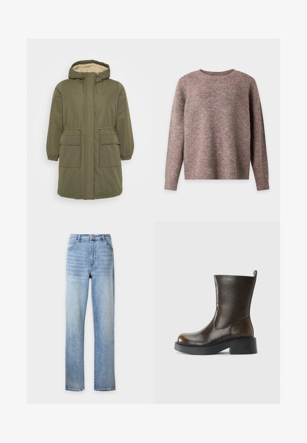 Parka vert olive avec une capuche doublée en fausse fourrure, fermeture éclair à l'avant, poignets élastiques, taille cordon et deux poches plaquées à l'avant.; Pull à manches longues col rond en tissu tricoté marron doux et texturé avec poignets et ourlet côtelés sur fond uni.; Jean bleu clair taille haute à jambes droites avec bouton devant, fermeture éclair, deux poches avant et deux poches arrière sur fond uni.; Botte en cuir marron foncé jusqu'au mollet avec un bout rond, épaisse semelle noire, petit talon block, et une languette à l'arrière.