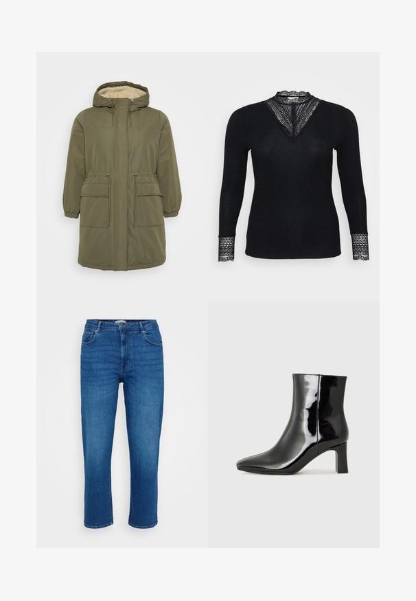Parka vert olive avec une capuche doublée en fausse fourrure, fermeture éclair à l'avant, poignets élastiques, taille cordon et deux poches plaquées à l'avant.; Haut noir à manches longues avec une texture côtelée, mettant en valeur des accents en dentelle au niveau de l'encolure et des poignets, avec un design d'encolure en V.; Jeans en denim bleu avec une coupe droite, style cinq poches, et une fermeture classique par bouton et zip, présentant des effets de décoloration subtils à l'avant.; Bottines en cuir verni noir avec un bout pointu et un talon block de hauteur moyenne. Texture lisse et design minimaliste.