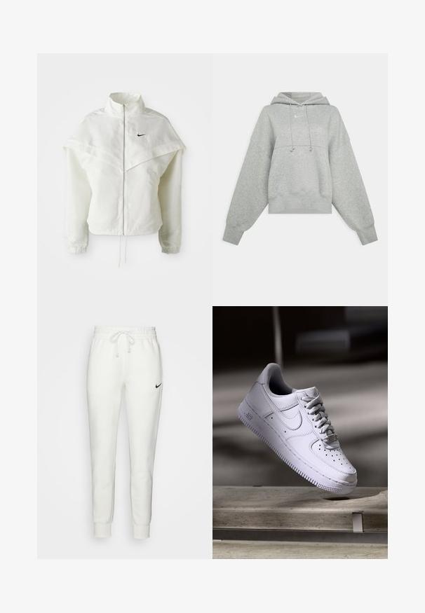 Witte lange mouwen zip-up jas met hoge kraag, cape-achtige details over de schouders, elastische manchetten en een klein zwart Nike-logo op de borst.; Grijze cropped hoodie van zacht materiaal. Heeft een verstelbare trekkoordcapuchon, brede mouwen en een klein logo op de voorkant.; Witte katoenen sweatpants met een elastische tailleband, een trekkoord en een zwart Nike-logo aan de linkerkant. Strakke boorden bij de enkels.; Witte Nike Air Force 1 sneaker die zweeft boven een betonnen oppervlak met schaduwen in een minimalistische setting.