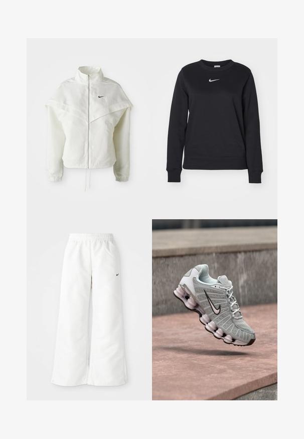 Weiße langärmlige Zip-Jacke mit hohem Kragen, cape-artigem Detail über den Schultern, elastischen Bündchen und kleinem schwarzen Nike-Logo auf der Brust.; Schwarzes Sweatshirt aus Baumwollmischung mit gerippten Bündchen und Saum, rundem Ausschnitt und silbernem Nike-Logo auf der Brust.; Weiße Sporthose mit weitem Bein, elastischem Bund und kleinem schwarzen Nike-Logo auf der linken Seite. Glattes, leichtes Material.; Hellgrauer Nike-Sneaker mit schwarzem Swoosh-Logo, weißen Schnürsenkeln und markanter federartiger Sohle, der über einer Steinoberfläche schwebt.