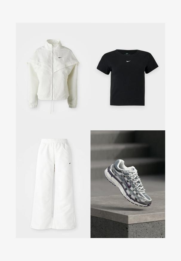 Hvid langærmet zip-up jakke med høj krave, kappe-lignende detaljer over skuldrene, elastiske manchetter og lille sort Nike-logo på brystet.; Sort ribbet t-shirt med korte ærmer, der har et lille hvidt Nike-logo på brystet og en rund halsudskæring.; Hvide atletiske bukser med et bredbenet design, elastisk talje og et lille sort Nike-logo på venstre side. Glat, let materiale.; Hvid og grå Nike sneaker med lilla accenter, svævende over en betonafsat med trapper sløret i baggrunden.