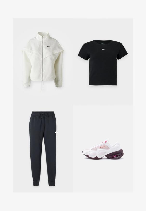 Hvid langærmet zip-up jakke med høj krave, kappe-lignende detaljer over skuldrene, elastiske manchetter og lille sort Nike-logo på brystet.; Sort ribbet t-shirt med korte ærmer, der har et lille hvidt Nike-logo på brystet og en rund halsudskæring.; Sorte Nike joggingbukser med elastisk talje og snøre, tilspidsede ben, manchetter ved anklerne og lille hvid Nike swoosh på højre lår.; Hvid og lyserød atletiksneaker med meshpaneler, en lyserød Nike-swoosh og en tyk, mørkelilla sål med synlig luftpolstring.