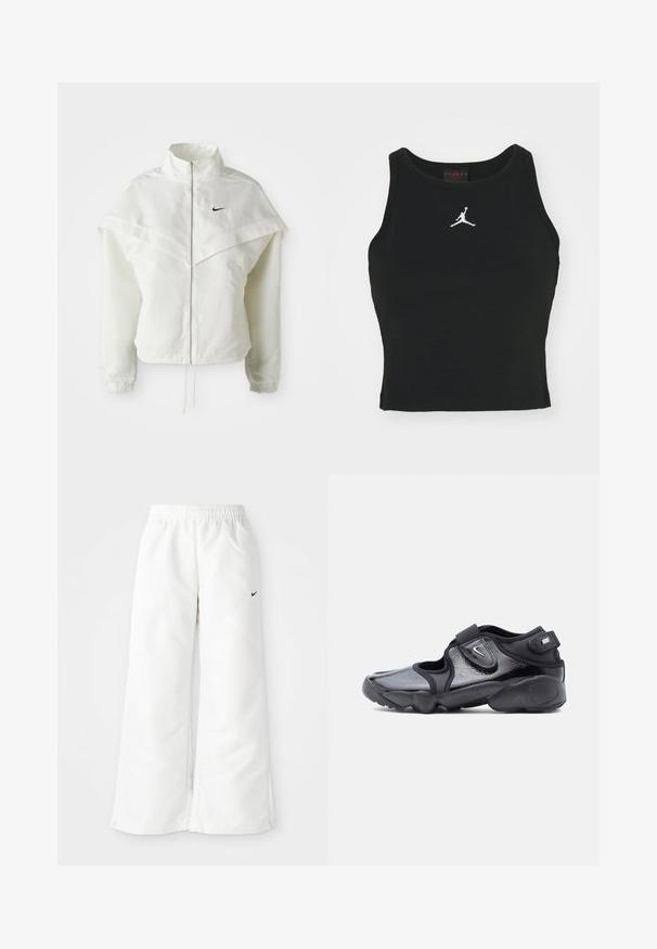 Hvid langærmet zip-up jakke med høj krave, kappe-lignende detaljer over skuldrene, elastiske manchetter og lille sort Nike-logo på brystet.; Sort tætsiddende tanktop lavet af bomuld, med rund udskæring og et hvidt Jordan-logo syet på fronten i midten. Glat tekstur.; Hvide atletiske bukser med et bredbenet design, elastisk talje og et lille sort Nike-logo på venstre side. Glat, let materiale.; Sort Nike Air sko med blank finish, justerbare Velcro-stropper og udskæringsdesign på siderne, set fra siden på en ensfarvet baggrund.