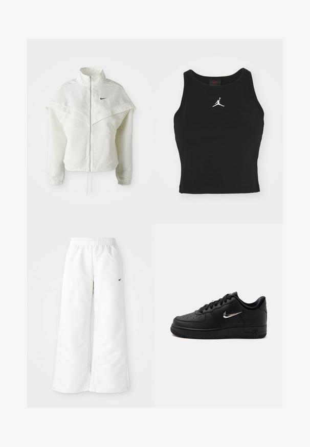 Hvid langærmet zip-up jakke med høj krave, kappe-lignende detaljer over skuldrene, elastiske manchetter og lille sort Nike-logo på brystet.; Sort tætsiddende tanktop lavet af bomuld, med rund udskæring og et hvidt Jordan-logo syet på fronten i midten. Glat tekstur.; Hvide atletiske bukser med et bredbenet design, elastisk talje og et lille sort Nike-logo på venstre side. Glat, let materiale.; Sort lavtop sneaker fra Nike Air med sorte snørebånd, perforeret tå og sølvfarvet Nike swoosh på siden, sat mod en ensfarvet hvid baggrund.