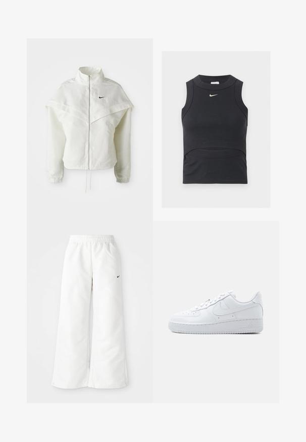 Hvid langærmet zip-up jakke med høj krave, kappe-lignende detaljer over skuldrene, elastiske manchetter og lille sort Nike-logo på brystet.; Sort ærmeløs cropped sportstop med ribbet tekstur og hvid Nike swoosh-logo på brystet.; Hvide atletiske bukser med et bredbenet design, elastisk talje og et lille sort Nike-logo på venstre side. Glat, let materiale.; Hvid Nike Air Force 1 sneaker med lavt snit, snørelukning, perforeret tåboks og karakteristisk Swoosh-logo på siden.