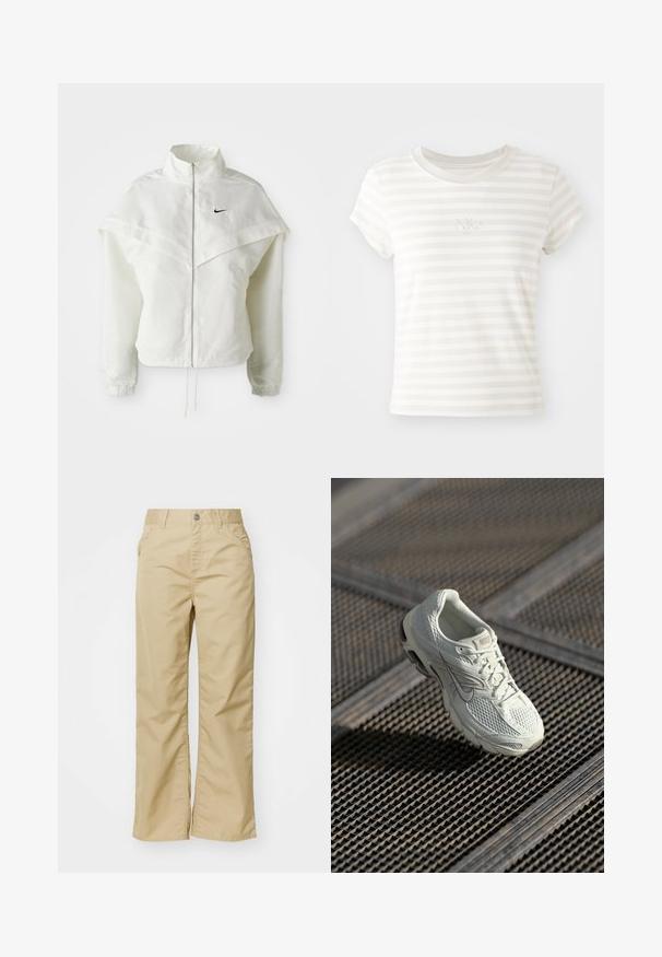 Hvid langærmet zip-up jakke med høj krave, kappe-lignende detaljer over skuldrene, elastiske manchetter og lille sort Nike-logo på brystet.; Hvidstribet kortærmet t-shirt lavet af blød bomuld. Har en rund halsudskæring og et lille broderet Nike-logo på brystet.; Beige bomuldsbukser med brede ben og en glat tekstur, der har forlommer og en sølvknap i taljen.; Hvide Nike løbesko med overdel i mesh og syntetisk materiale, som hviler på metalristgulv i blødt naturligt lys.