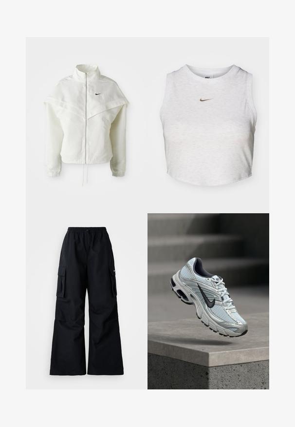 Witte lange mouwen zip-up jas met hoge kraag, cape-achtige details over de schouders, elastische manchetten en een klein zwart Nike-logo op de borst.; Witte crop top van zacht, textuurachtig stof. Heeft een ronde hals en een mouwloos ontwerp met een klein gouden Nike-logo aan de voorkant.; Zwarte cargobroek met wijde pijpen, elastische tailleband, verstelbaar trekkoord en twee steekzakken. Gemaakt van een gladde, lichte stof.; Witte en grijze Nike hardloopschoen met zwart logo zwevend boven een betonnen richel tegen een wazige grijze achtergrond.