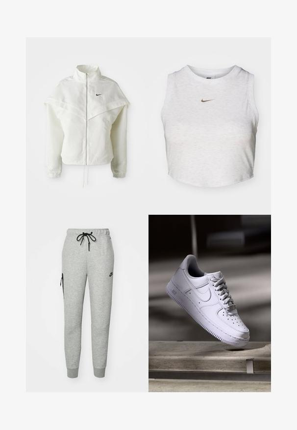 Weiße langärmlige Zip-Jacke mit hohem Kragen, cape-artigem Detail über den Schultern, elastischen Bündchen und kleinem schwarzen Nike-Logo auf der Brust.; Weißes Crop-Top aus weichem, strukturiertem Stoff. Verfügt über einen runden Ausschnitt und einen ärmellosen Schnitt mit einem kleinen goldenen Nike-Logo auf der Vorderseite.; Graue Jogginghose aus weichem Material mit einem Zugbandbund, schmal zulaufenden Beinen und einer Reißverschlusstasche auf der linken Seite. Mit schwarzem Logo.; Weißer Nike Air Force 1 Sneaker schwebt über einer Betonoberfläche mit Schatten in einem minimalistischen Umfeld.