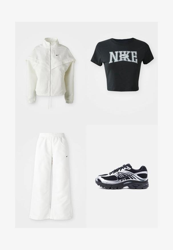 Hvid langærmet zip-up jakke med høj krave, kappe-lignende detaljer over skuldrene, elastiske manchetter og lille sort Nike-logo på brystet.; Sort cropped t-shirt lavet af blødt stof med rund halsudskæring. Har stort hvidt Nike-logo i fed skrift på forsiden.; Hvide atletiske bukser med et bredbenet design, elastisk talje og et lille sort Nike-logo på venstre side. Glat, let materiale.; Sort og sølv Nike løbesko med mesh-overdel, luftpolstret sål og snørebånd, vist fra siden på en hvid baggrund.