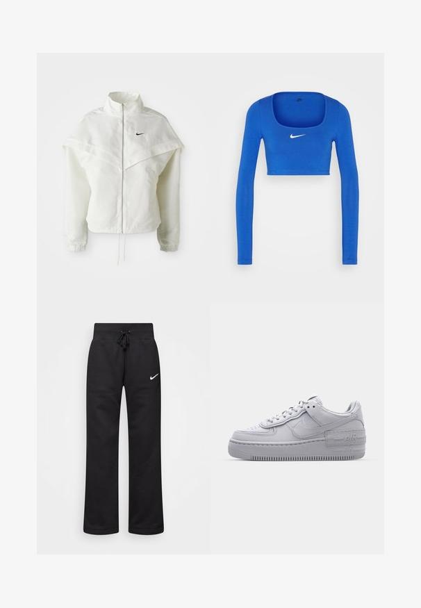 Hvid langærmet zip-up jakke med høj krave, kappe-lignende detaljer over skuldrene, elastiske manchetter og lille sort Nike-logo på brystet.; Nike Sportswear W NSW LS CROP TOP SW - Langærmet T-shirt - game royal/phantom; Sorte sweatpants lavet af en bomuldsblanding, med en snøre i taljen, lige ben og et hvidt Nike-logo på venstre side.; Grå Nike Air Force 1 sneakers med perforeret tå, glat læderoverdel, tyk sål og præget 'AIR' detalje på hælen.
