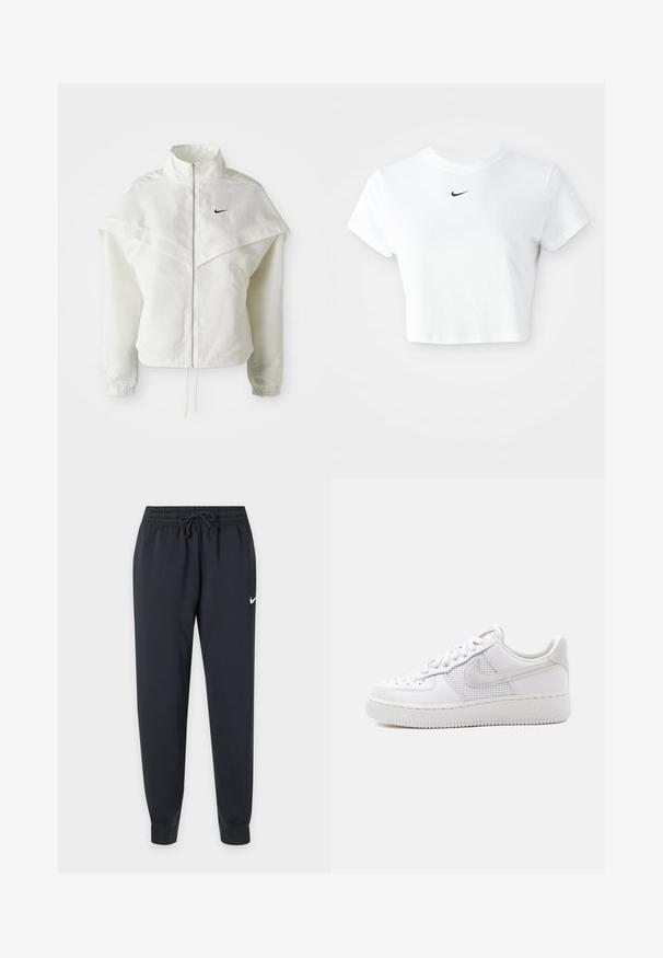 Hvid langærmet zip-up jakke med høj krave, kappe-lignende detaljer over skuldrene, elastiske manchetter og lille sort Nike-logo på brystet.; Hvid kortærmet t-shirt lavet af bomuld, med korte ærmer og rund halsudskæring, og med et sort Nike-logo på brystet.; Sorte Nike joggingbukser med elastisk talje og snøre, tilspidsede ben, manchetter ved anklerne og lille hvid Nike swoosh på højre lår.; Hvid Nike Air Force 1 sneaker med lavt snit, hvide snørebånd, perforeringer på tåboksen og netpanel bag Nike swoosh-logoet.