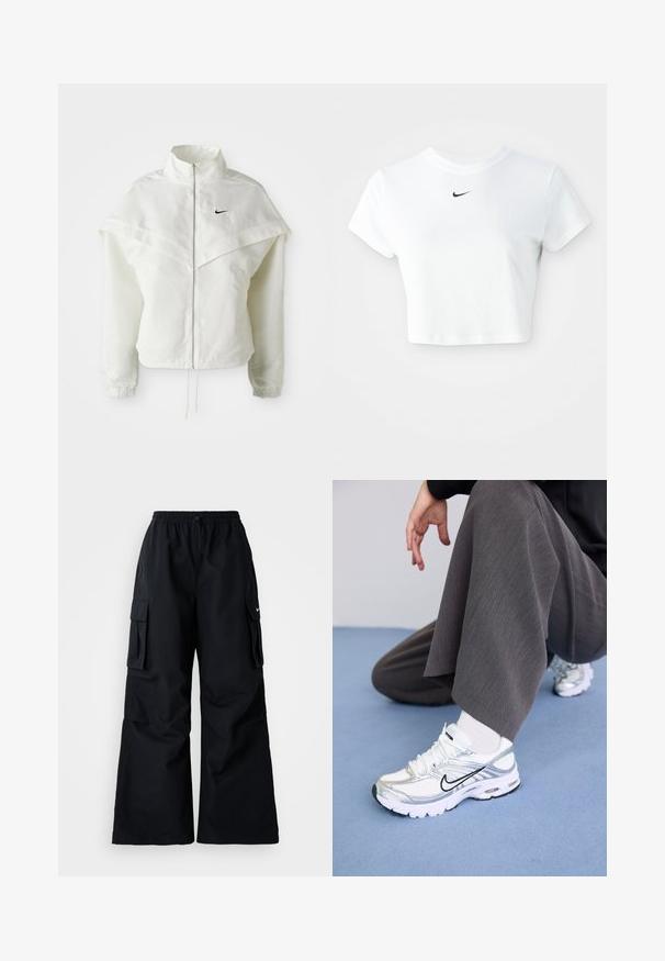 Witte lange mouwen zip-up jas met hoge kraag, cape-achtige details over de schouders, elastische manchetten en een klein zwart Nike-logo op de borst.; Witte cropped T-shirt van katoen, met korte mouwen en een ronde halslijn, voorzien van een zwart Nike-logo op de borst.; Zwarte cargobroek met wijde pijpen, elastische tailleband, verstelbaar trekkoord en twee steekzakken. Gemaakt van een gladde, lichte stof.; Witte en zilveren sport schoenen van mesh en synthetische materialen, met zwarte accentlijnen, veters en gestructureerde zolen.
